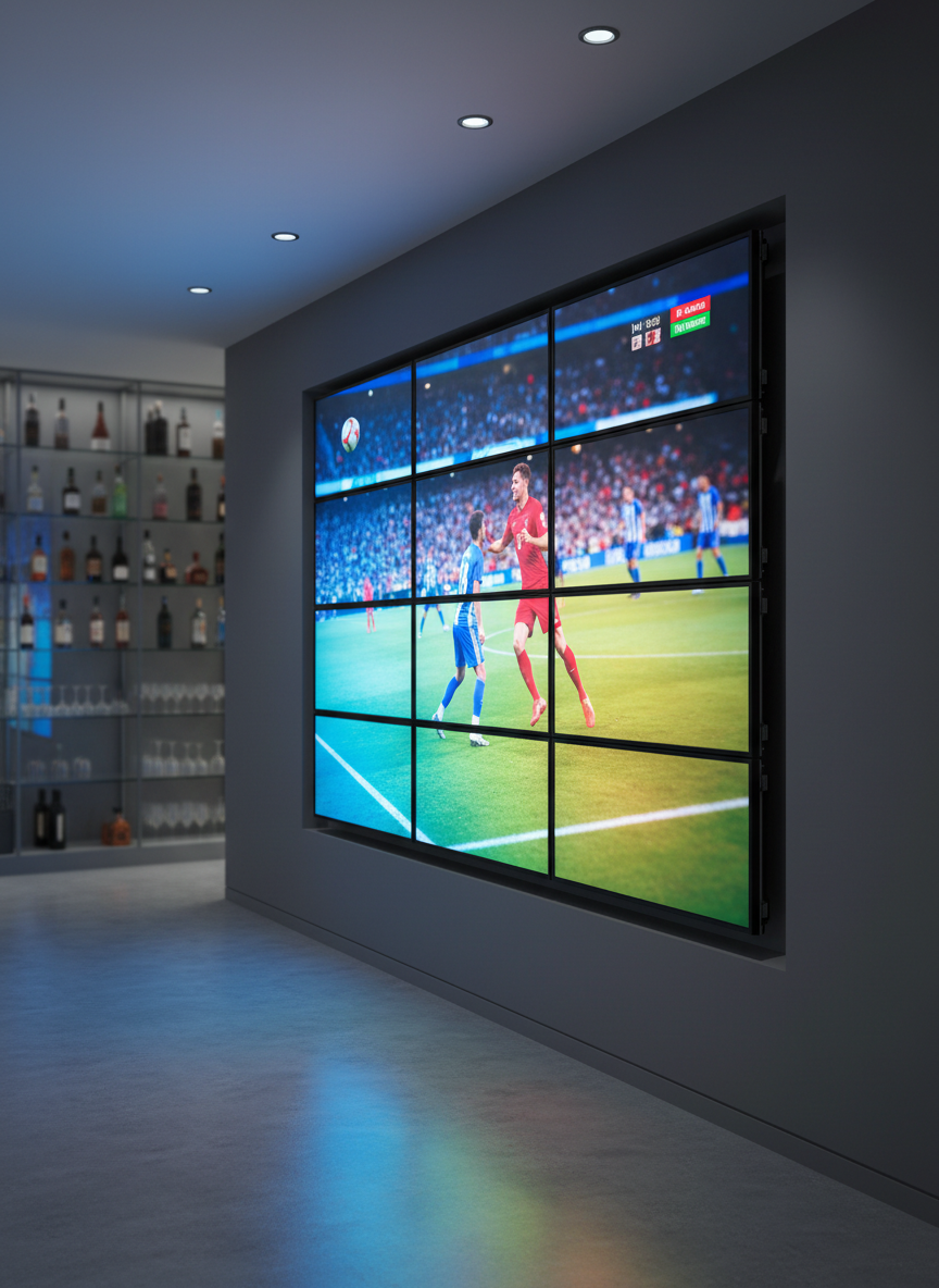 An ultra-high-definition commercial LED video wall installed on a smooth charcoal-gray wall in a modern bar interior, displaying a crisp sports match with vivid, saturated colors and perfect contrast. Sleek black aluminum framing surrounds each panel, with invisible seams between tiles. The polished concrete floor reflects subtle glows of blues and reds from the screen. Bottles and glassware on distant shelving appear softly blurred, with the screen in razor-sharp focus. Cool, even ceiling downlights combine with the bright screen light, creating a professional yet inviting atmosphere. Photographic realism, eye-level composition with a slight wide-angle lens, sharp focus across the screen, gentle background bokeh, clean and contemporary style that emphasizes image quality and commercial-grade installation.