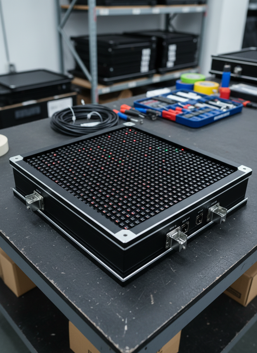 A close-up, detailed shot of a high-end LED screen corner module on a workbench in a professional installation warehouse. The image focuses on the matte black housing, precision-milled edges, and tiny, uniformly spaced diodes creating a fine pixel pitch, with clear labeling of input ports and locking mechanisms. Coiled data cables, organized tool trays, and neatly stacked spare panels sit in the soft-focus background on industrial shelving. Cool, diffused overhead workshop lighting reveals subtle textures in metal and plastic surfaces without harsh reflections. Photographic realism, captured from a slightly elevated angle emphasizing craftsmanship and engineering quality, with shallow depth of field isolating the module while hinting at the wider professional installation context, creating a meticulous and technical mood.