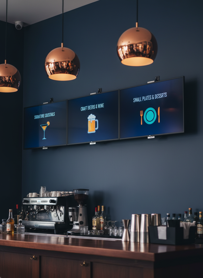 A precisely installed LED menu board system above a sleek bar counter in a contemporary venue, composed of three edge-to-edge commercial LED panels forming a continuous horizontal display. Each panel shows sharp, legible text and colorful graphics with consistent brightness and color calibration across the entire array. The mounting brackets are minimal and perfectly aligned, giving a floating appearance against a matte dark navy wall. Warm pendant lights hang nearby, but the screens remain clearly readable without glare. Photographic realism at eye level with a slight tilt upward, medium depth of field to capture the full system in focus while softly blurring bar equipment below, conveying a clean, organized, and professional atmosphere ideal for hospitality environments.