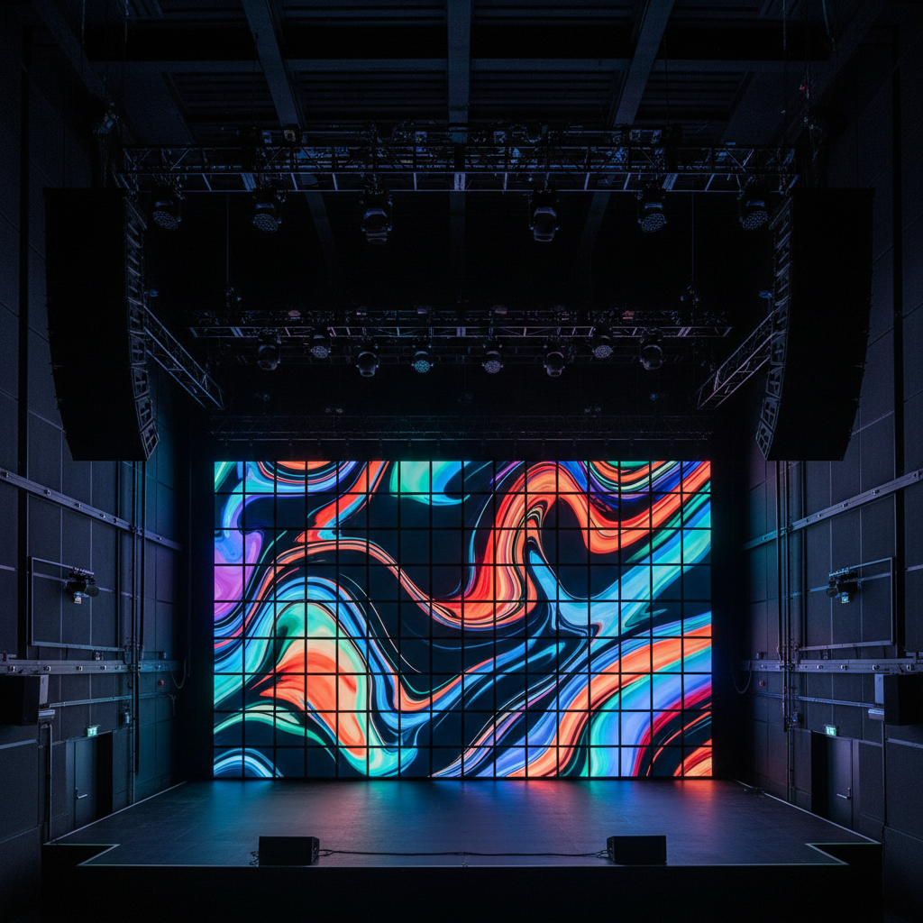 A panoramic interior of a live music venue showcasing a wide LED backdrop wall behind a stage, configured as multiple perfectly aligned panels creating one seamless display of abstract moving visuals. The screen’s rich blacks and intense colors stand out against dark acoustic wall treatments and neatly run cable raceways. Stage trusses, rigging, and speaker arrays frame the screen, all meticulously arranged. The only illumination besides the LED wall comes from subtle floor-level stage lights, resulting in a dramatic contrast that highlights the screen’s brightness and clarity. Photographic realism from a central, slightly elevated viewpoint with a wide-angle lens, ensuring sharp focus across the scene and emphasizing the scale, impact, and professional integration of the LED system for live performance environments.