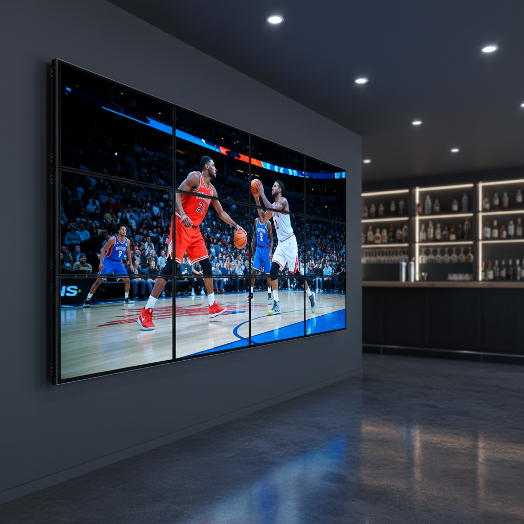 An ultra-high-definition commercial LED video wall installed on a smooth charcoal-gray wall in a modern bar interior, displaying a crisp sports match with vivid, saturated colors and perfect contrast. Sleek black aluminum framing surrounds each panel, with invisible seams between tiles. The polished concrete floor reflects subtle glows of blues and reds from the screen. Bottles and glassware on distant shelving appear softly blurred, with the screen in razor-sharp focus. Cool, even ceiling downlights combine with the bright screen light, creating a professional yet inviting atmosphere. Photographic realism, eye-level composition with a slight wide-angle lens, sharp focus across the screen, gentle background bokeh, clean and contemporary style that emphasizes image quality and commercial-grade installation.