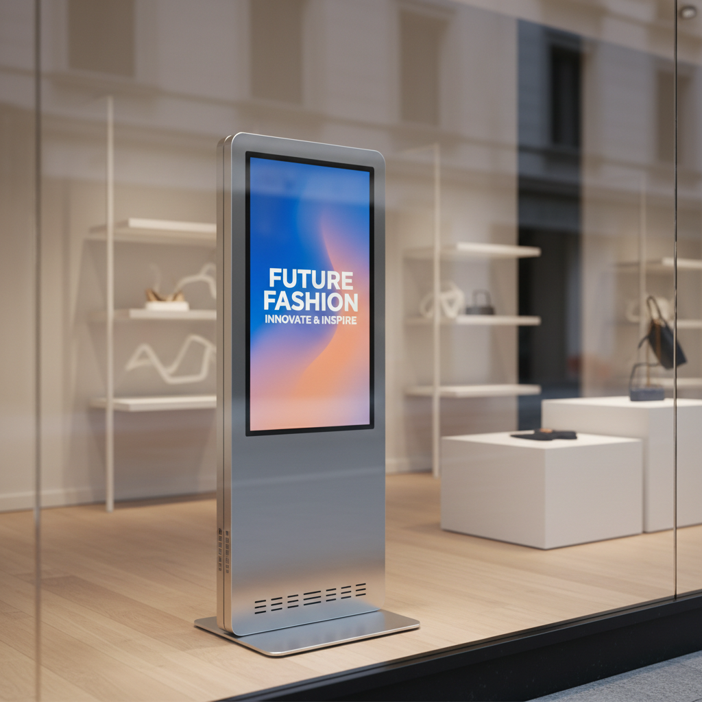 A retail window installation featuring a tall, narrow LED totem screen positioned just behind a spotless glass storefront, playing crisp promotional content with smooth gradients and sharp typography. The LED structure is housed in a slim, brushed-metal column with discreet ventilation slots at the base, anchored on a light oak floor. Mannequin-free display risers and minimalist shelving sit in the background, intentionally blurred to keep the screen as focal point. Soft, overcast daylight filters through the street, while the LED display maintains consistent brightness without reflections. Photographic realism, eye-level composition with rule-of-thirds placement of the totem, creating a polished, upscale, and technology-forward retail atmosphere.