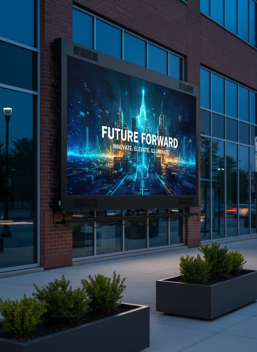 A large-format outdoor LED billboard mounted on the facade of a contemporary retail building at dusk, its weather-sealed modules forming a perfectly flat, seamless surface displaying a high-resolution advertising graphic. The casing is matte black with discreet ventilation grilles and neatly routed cabling tucked behind. Soft blue evening light bathes the surrounding brick and glass architecture, while the LED screen casts a vibrant, even glow on the sidewalk and nearby planters. Street elements and nearby signage are slightly out of focus, keeping the screen as the dominant subject. Photographic realism with a slightly low-angle perspective, balanced exposure to showcase brightness without overexposure, creating a dynamic, professional, and technologically advanced mood.