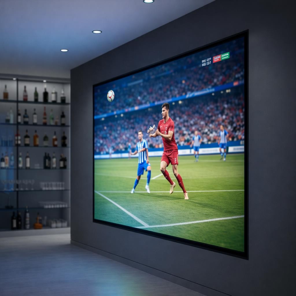 An ultra-high-definition commercial LED video wall installed on a smooth charcoal-gray wall in a modern bar interior, displaying a crisp sports match with vivid, saturated colors and perfect contrast. Sleek black aluminum framing surrounds each panel, with invisible seams between tiles. The polished concrete floor reflects subtle glows of blues and reds from the screen. Bottles and glassware on distant shelving appear softly blurred, with the screen in razor-sharp focus. Cool, even ceiling downlights combine with the bright screen light, creating a professional yet inviting atmosphere. Photographic realism, eye-level composition with a slight wide-angle lens, sharp focus across the screen, gentle background bokeh, clean and contemporary style that emphasizes image quality and commercial-grade installation.