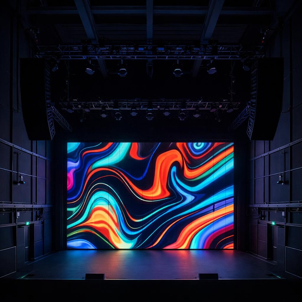 A panoramic interior of a live music venue showcasing a wide LED backdrop wall behind a stage, configured as multiple perfectly aligned panels creating one seamless display of abstract moving visuals. The screen’s rich blacks and intense colors stand out against dark acoustic wall treatments and neatly run cable raceways. Stage trusses, rigging, and speaker arrays frame the screen, all meticulously arranged. The only illumination besides the LED wall comes from subtle floor-level stage lights, resulting in a dramatic contrast that highlights the screen’s brightness and clarity. Photographic realism from a central, slightly elevated viewpoint with a wide-angle lens, ensuring sharp focus across the scene and emphasizing the scale, impact, and professional integration of the LED system for live performance environments.