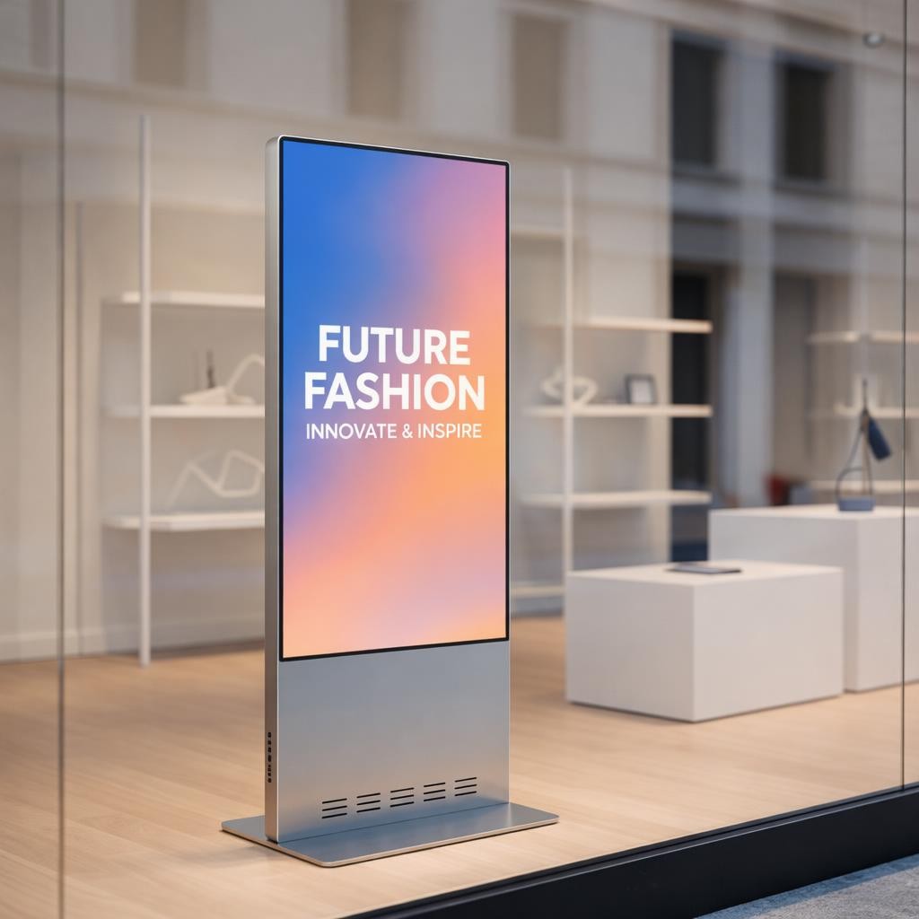 A retail window installation featuring a tall, narrow LED totem screen positioned just behind a spotless glass storefront, playing crisp promotional content with smooth gradients and sharp typography. The LED structure is housed in a slim, brushed-metal column with discreet ventilation slots at the base, anchored on a light oak floor. Mannequin-free display risers and minimalist shelving sit in the background, intentionally blurred to keep the screen as focal point. Soft, overcast daylight filters through the street, while the LED display maintains consistent brightness without reflections. Photographic realism, eye-level composition with rule-of-thirds placement of the totem, creating a polished, upscale, and technology-forward retail atmosphere.
