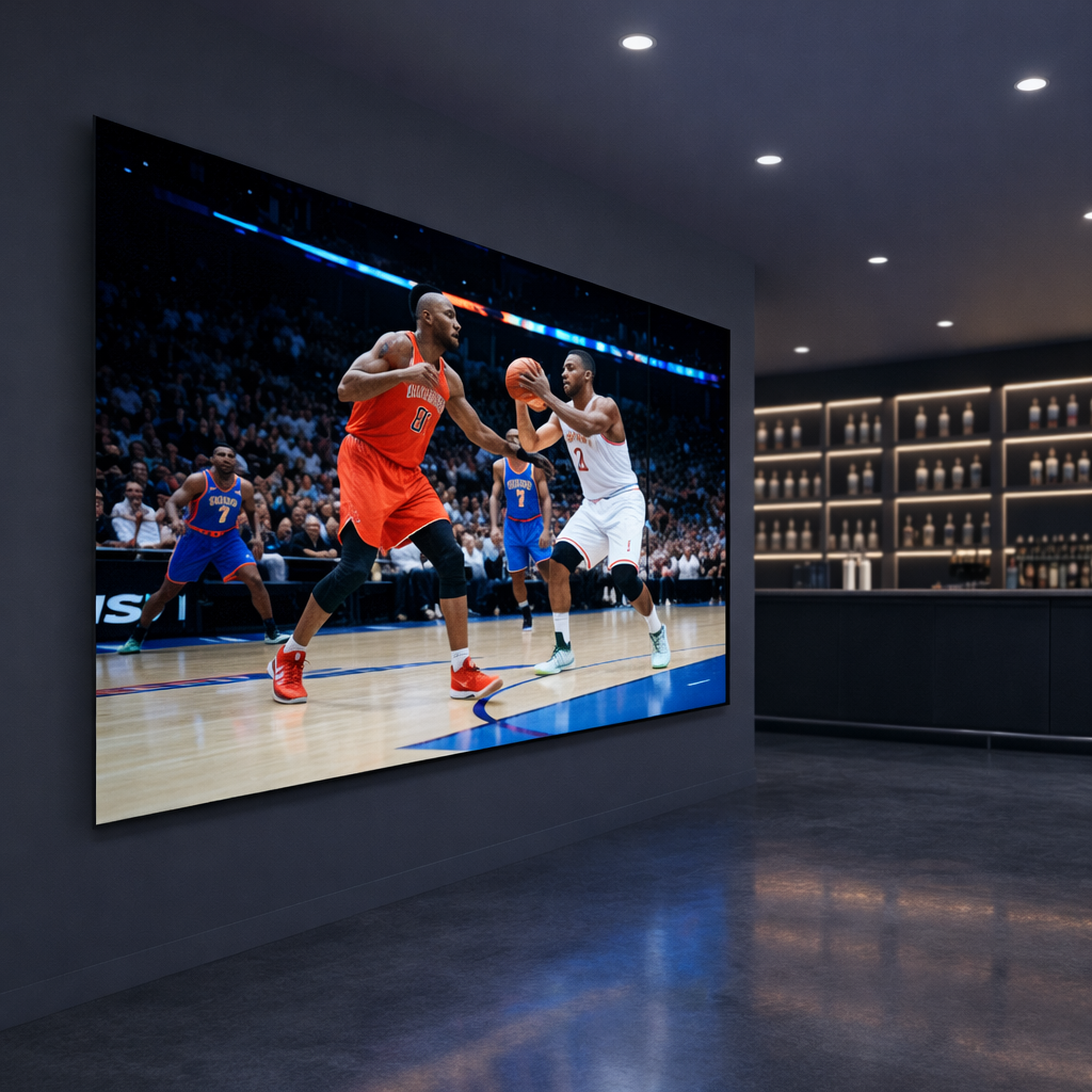 An ultra-high-definition commercial LED video wall installed on a smooth charcoal-gray wall in a modern bar interior, displaying a crisp sports match with vivid, saturated colors and perfect contrast. Sleek black aluminum framing surrounds each panel, with invisible seams between tiles. The polished concrete floor reflects subtle glows of blues and reds from the screen. Bottles and glassware on distant shelving appear softly blurred, with the screen in razor-sharp focus. Cool, even ceiling downlights combine with the bright screen light, creating a professional yet inviting atmosphere. Photographic realism, eye-level composition with a slight wide-angle lens, sharp focus across the screen, gentle background bokeh, clean and contemporary style that emphasizes image quality and commercial-grade installation.