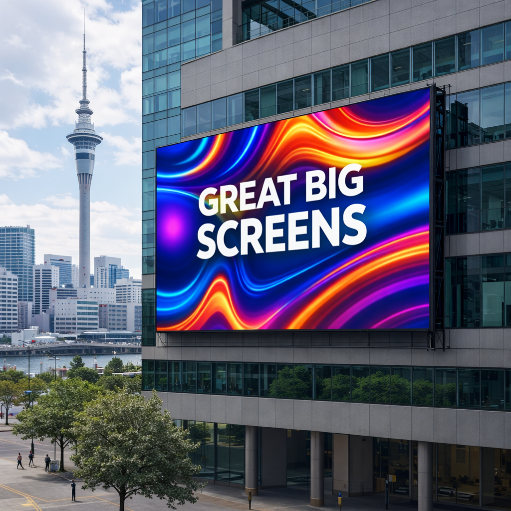 A panoramic interior of a live music venue showcasing a wide LED backdrop wall behind a stage, configured as multiple perfectly aligned panels creating one seamless display of abstract moving visuals. The screen’s rich blacks and intense colors stand out against dark acoustic wall treatments and neatly run cable raceways. Stage trusses, rigging, and speaker arrays frame the screen, all meticulously arranged. The only illumination besides the LED wall comes from subtle floor-level stage lights, resulting in a dramatic contrast that highlights the screen’s brightness and clarity. Photographic realism from a central, slightly elevated viewpoint with a wide-angle lens, ensuring sharp focus across the scene and emphasizing the scale, impact, and professional integration of the LED system for live performance environments.