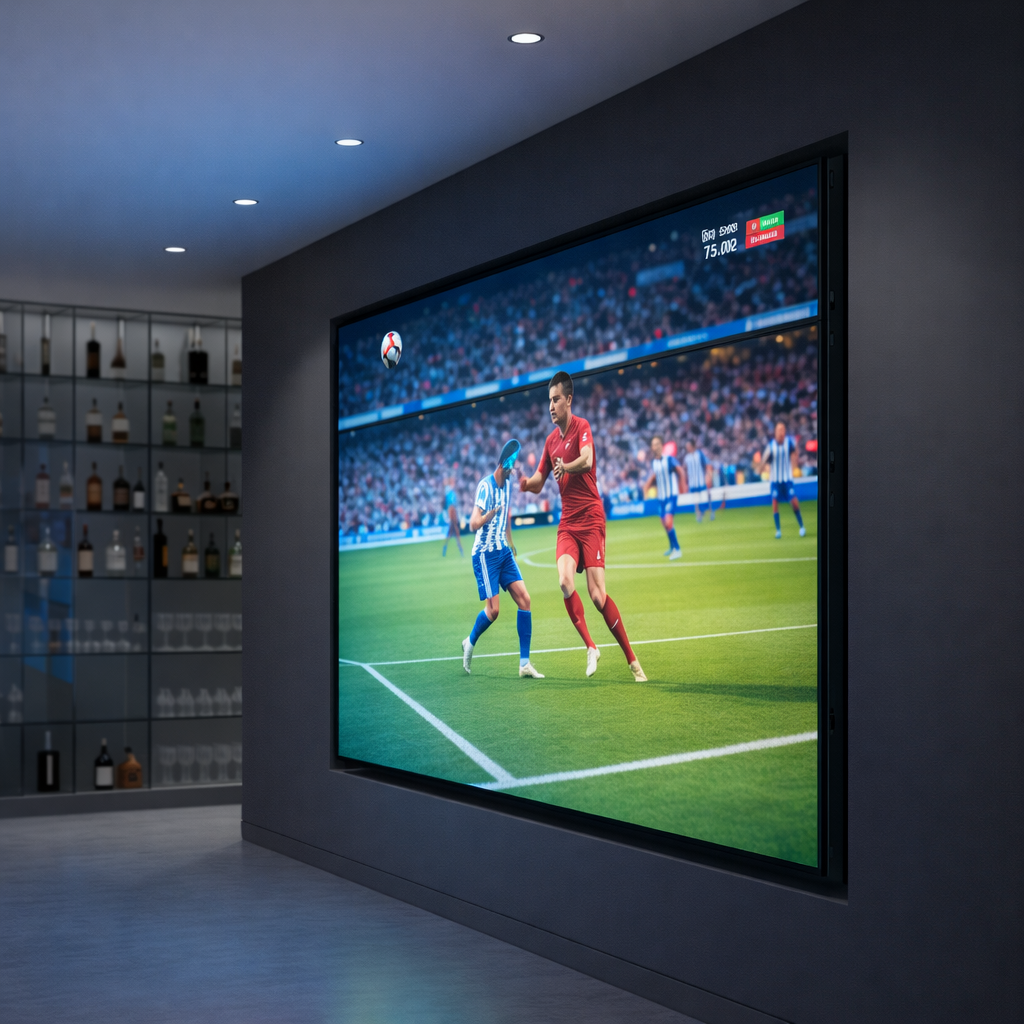 LED screens An ultra-high-definition commercial LED video wall installed on a smooth charcoal-gray wall in a modern bar interior, displaying a crisp sports match with vivid, saturated colors and perfect contrast. Sleek black aluminum framing surrounds each panel, with invisible seams between tiles. The polished concrete floor reflects subtle glows of blues and reds from the screen. Bottles and glassware on distant shelving appear softly blurred, with the screen in razor-sharp focus. Cool, even ceiling downlights combine with the bright screen light, creating a professional yet inviting atmosphere. Photographic realism, eye-level composition with a slight wide-angle lens, sharp focus across the screen, gentle background bokeh, clean and contemporary style that emphasizes image quality and commercial-grade installation.