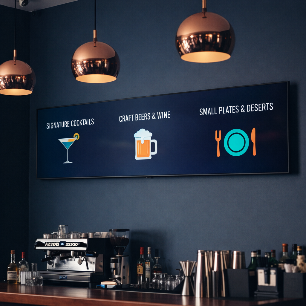 LED screens A precisely installed LED menu board system above a sleek bar counter in a contemporary venue, composed of three edge-to-edge commercial LED panels forming a continuous horizontal display. Each panel shows sharp, legible text and colorful graphics with consistent brightness and color calibration across the entire array. The mounting brackets are minimal and perfectly aligned, giving a floating appearance against a matte dark navy wall. Warm pendant lights hang nearby, but the screens remain clearly readable without glare. Photographic realism at eye level with a slight tilt upward, medium depth of field to capture the full system in focus while softly blurring bar equipment below, conveying a clean, organized, and professional atmosphere ideal for hospitality environments.