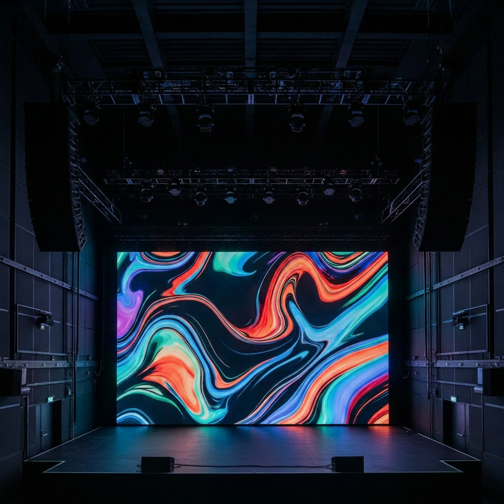 A panoramic interior of a live music venue showcasing a wide LED backdrop wall behind a stage, configured as multiple perfectly aligned panels creating one seamless display of abstract moving visuals. The screen’s rich blacks and intense colors stand out against dark acoustic wall treatments and neatly run cable raceways. Stage trusses, rigging, and speaker arrays frame the screen, all meticulously arranged. The only illumination besides the LED wall comes from subtle floor-level stage lights, resulting in a dramatic contrast that highlights the screen’s brightness and clarity. Photographic realism from a central, slightly elevated viewpoint with a wide-angle lens, ensuring sharp focus across the scene and emphasizing the scale, impact, and professional integration of the LED system for live performance environments.