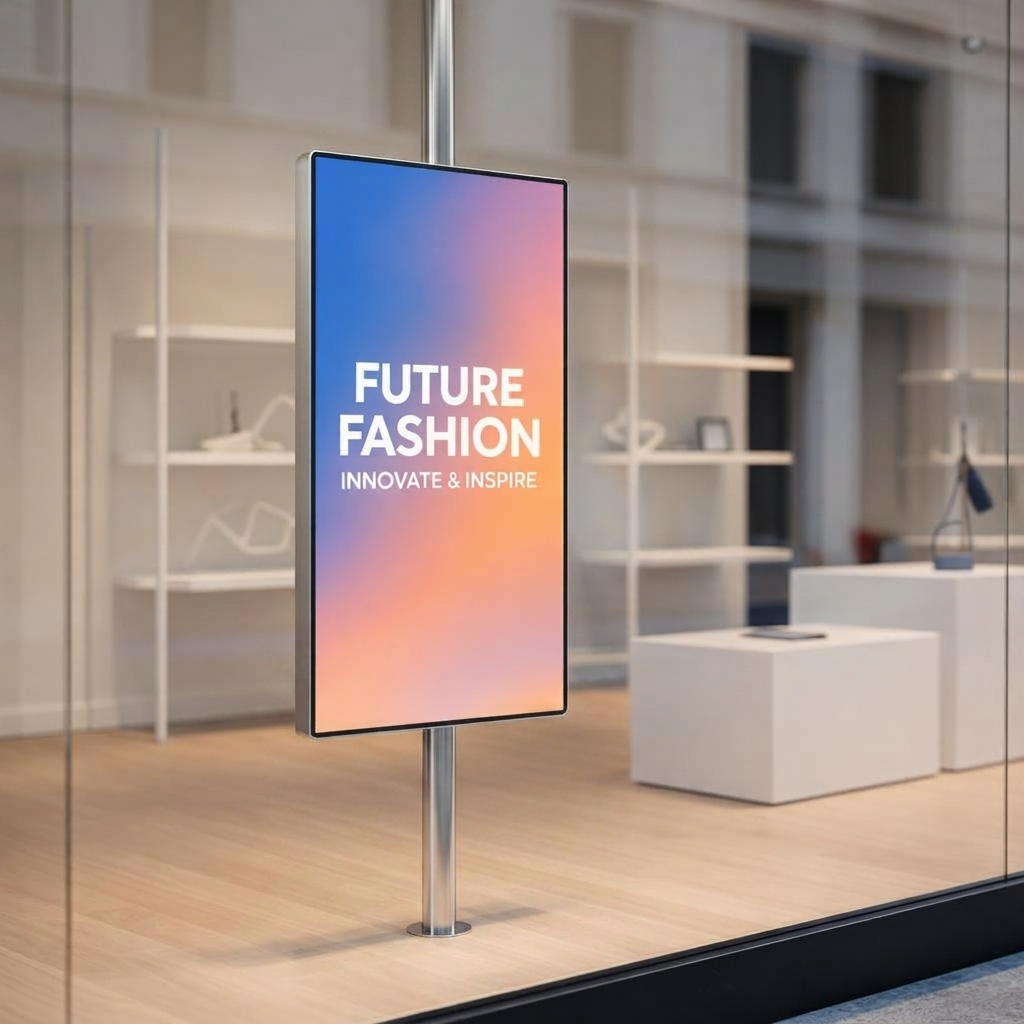 A retail window installation featuring a tall, narrow LED totem screen positioned just behind a spotless glass storefront, playing crisp promotional content with smooth gradients and sharp typography. The LED structure is housed in a slim, brushed-metal column with discreet ventilation slots at the base, anchored on a light oak floor. Mannequin-free display risers and minimalist shelving sit in the background, intentionally blurred to keep the screen as focal point. Soft, overcast daylight filters through the street, while the LED display maintains consistent brightness without reflections. Photographic realism, eye-level composition with rule-of-thirds placement of the totem, creating a polished, upscale, and technology-forward retail atmosphere.